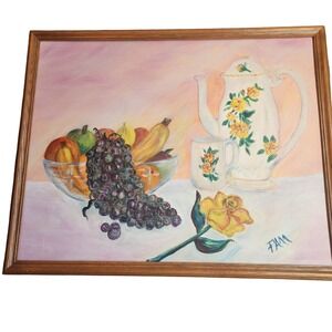 Vintage Still Life Oil Painting Signed FAM Fruit Teapot Floral Canvas 30x25